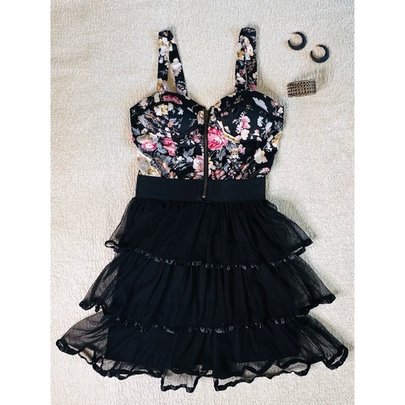Vintage Floral Bustier Dress with Black Skirt Small Y2K - Picture 1 of 4
